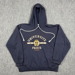 Vintage University of Paris France Navy Blue Pullover Hoodie Pockets Large 0590